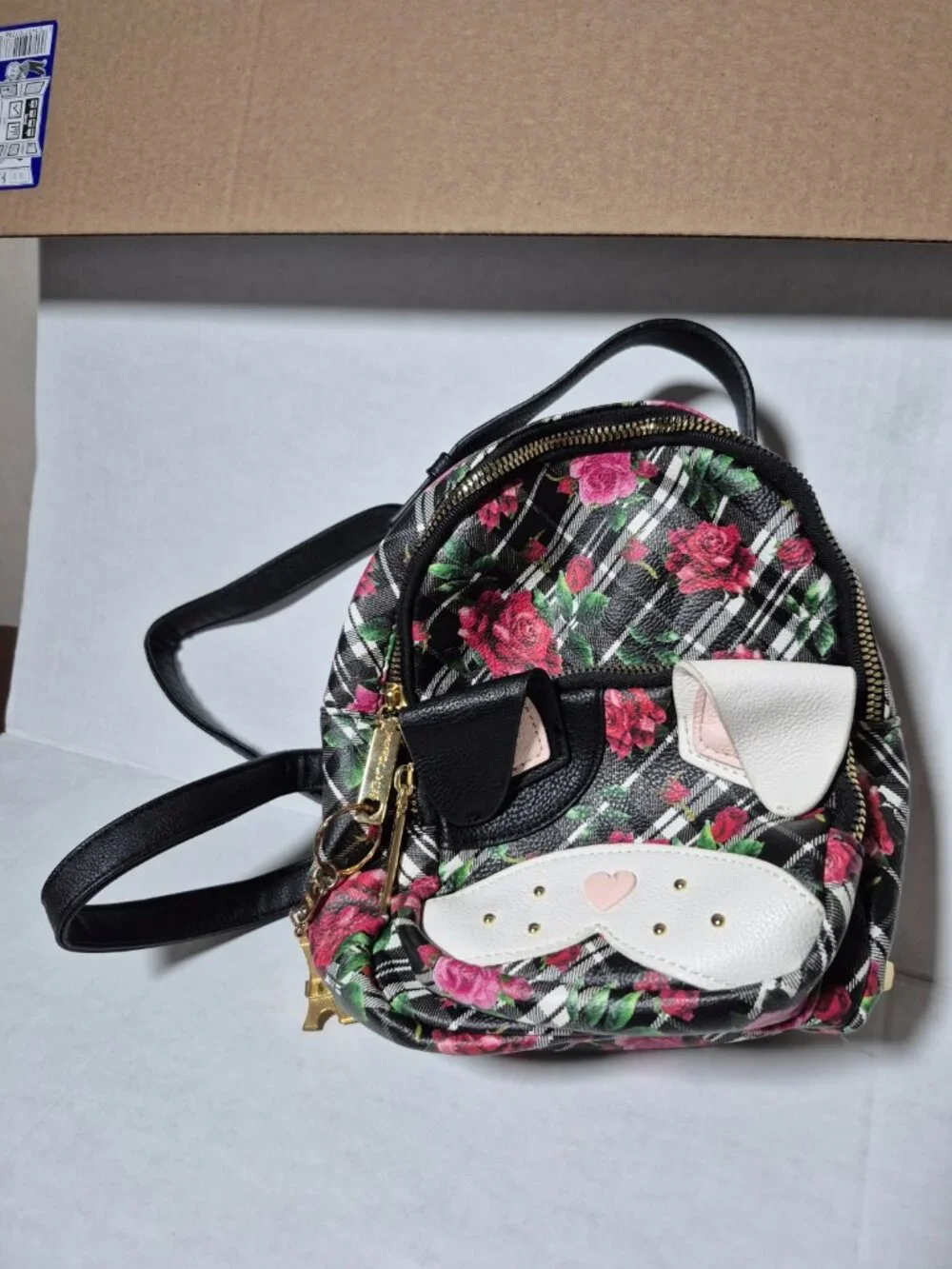 Betsey Johnson Cat Face Mini Backpack Floral Plaid Rose Kitsch Bag